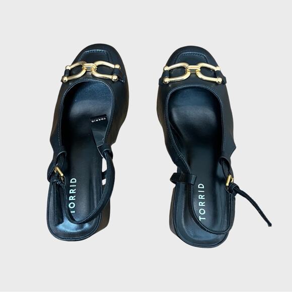 Torrid Slingback Block Heel Shoes Black Gold Horsebit Hardware Size 9WW Classic - Picture 9 of 12